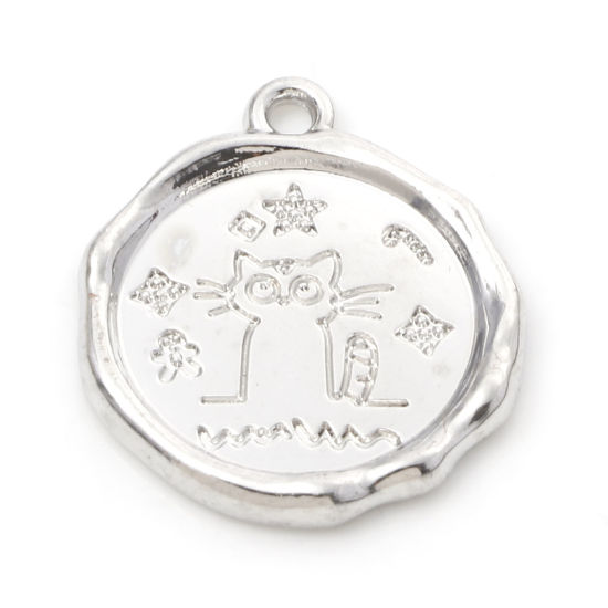 Bild von Zinklegierung Charms Rund Silberfarbe Katze 21mm x 18mm, 10 Stück