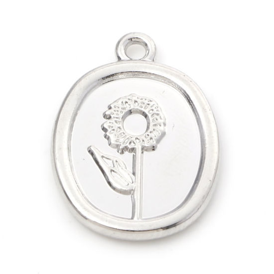 Bild von Zinklegierung Charms Oval Silberfarbe Sonnenblume Doppelseitig 21mm x 15mm, 10 Stück