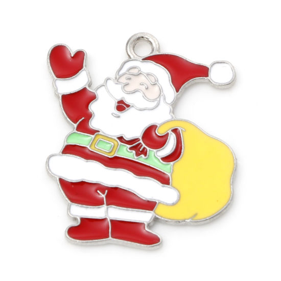 Picture of Zinc Based Alloy Charms Silver Tone Multicolor Christmas Santa Claus Enamel 25mm x 22mm, 10 PCs