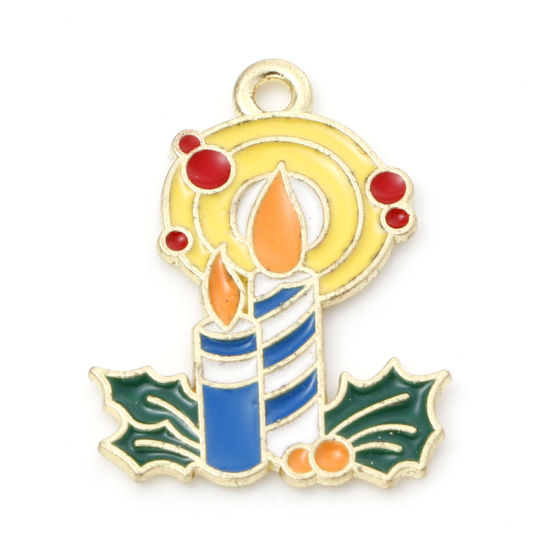 Picture of Zinc Based Alloy Charms Gold Plated Multicolor Candle Christmas Holly Leaf Enamel 23mm x 17.5mm, 10 PCs
