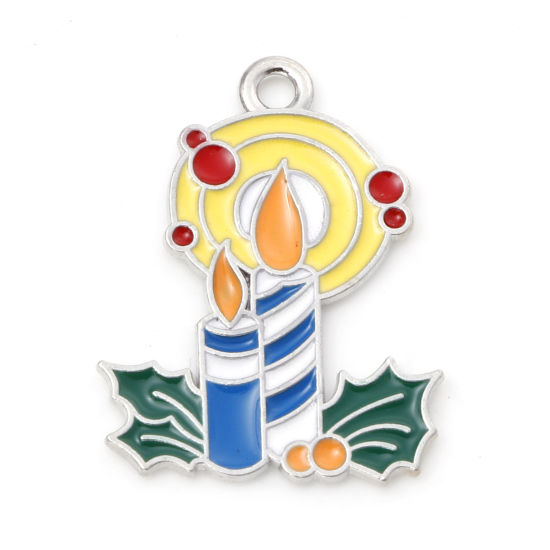 Picture of Zinc Based Alloy Charms Silver Tone Multicolor Candle Christmas Holly Leaf Enamel 23mm x 17.5mm, 10 PCs