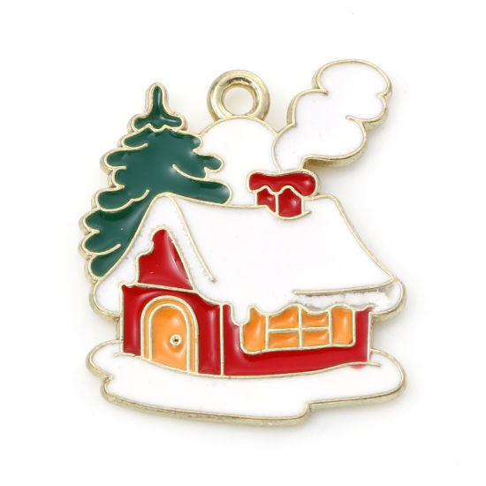 Picture of Zinc Based Alloy Charms Gold Plated Multicolor House Christmas Tree Enamel 22mm x 19mm, 10 PCs