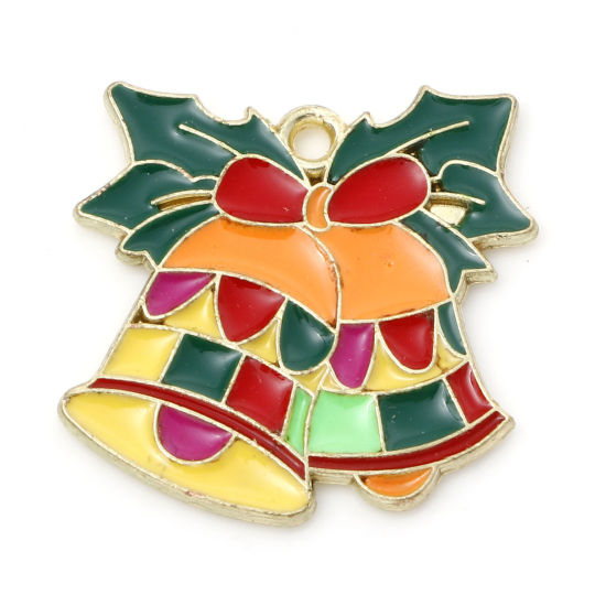 Picture of Zinc Based Alloy Charms Gold Plated Multicolor Christmas Jingle Bell Christmas Holly Leaf Enamel 20mm x 20mm, 10 PCs