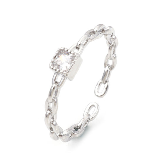 Image de Bagues Ouvert Ajoustable en Laiton Plaqué Platine Véritable Chaîne à Zircone Cubique Clair 16mm (Taille d'US: 5.25), 1 Pièce