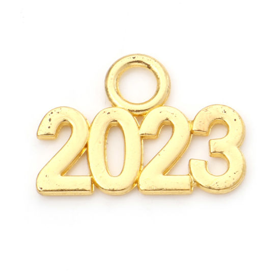 Imagen de Zamak Año Colgantes Charms Número Chapado en Oro Mensaje " 2023 " 23mm x 16mm, 20 Unidades