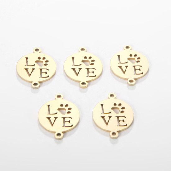 Image de Breloques en 304 Acier Inoxydable Rond Plaqué Or 18K Gravé Mots" LOVE " Creux 22mm x 16mm , 5 Pcs