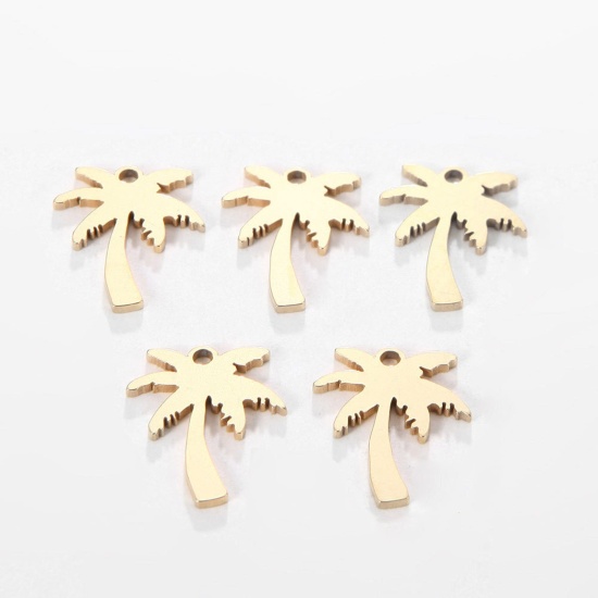 Image de Breloques en 304 Acier Inoxydable Palmier Plaqué Or 18K Creux 14mm x 16.8mm , 5 Pcs