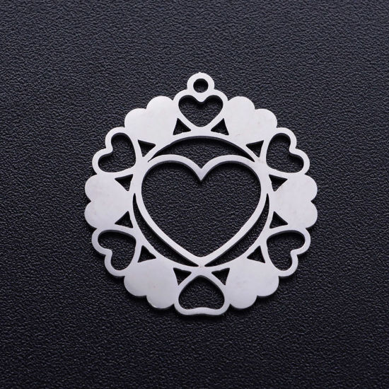 Image de Breloques en 201 Acier Inoxydable Attrapeur de Rêves Argent Mat Cœur Creux 21.5mm x 20mm , 1 Pièce