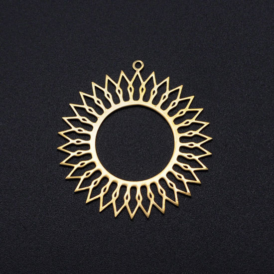 Image de Pendentifs en 201 Acier Inoxydable Rond Doré Soleil Creux 39mm x 37mm , 1 Pièce