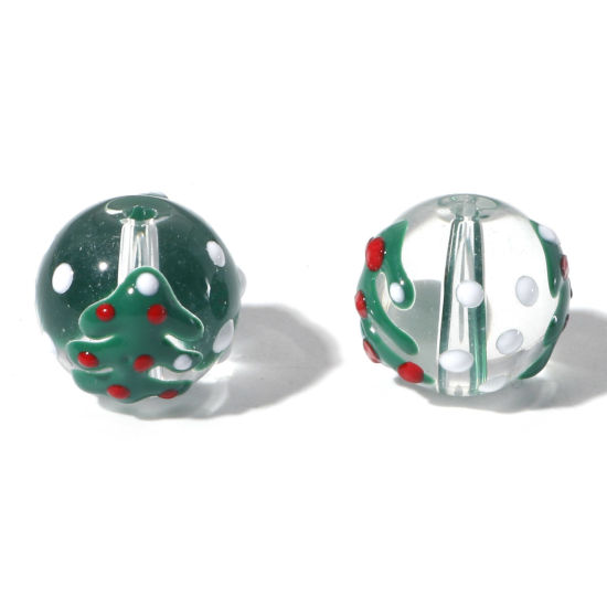 Imagen de Cuentas Vidrio Murano de Ronda , Verde , Árbol Navideño Navidad Esmalte 14mm Diámetro, Agujero: acerca de 1.5mm, 5 Unidades