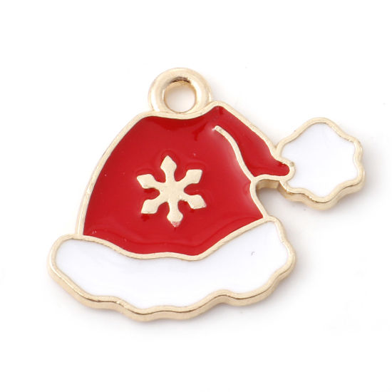 Image de Breloques Noël en Alliage de Zinc Chapeau de Noël Doré Blanc & Rouge Émail 21mm x 18mm, 10 Pcs