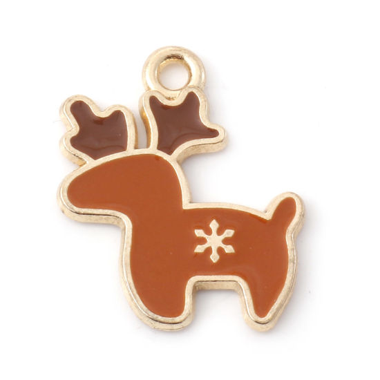 Image de Breloques Noël en Alliage de Zinc Renne de Noël Doré Brun Flocon de Neige Émail 20mm x 17mm, 10 Pcs