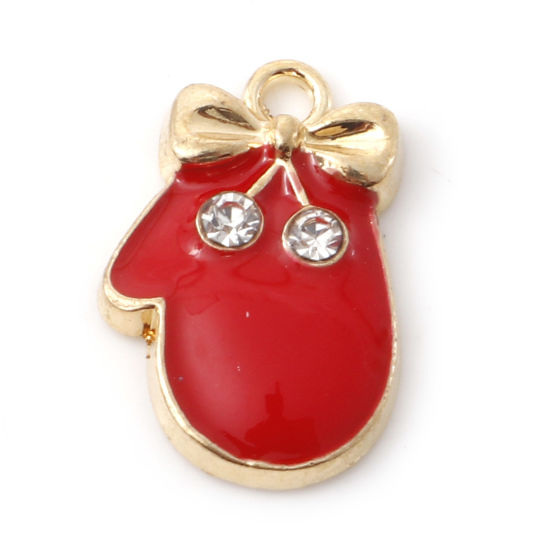 Image de Breloques Noël en Alliage de Zinc Gants Doré Rouge Émail 17mm x 11mm, 10 Pcs