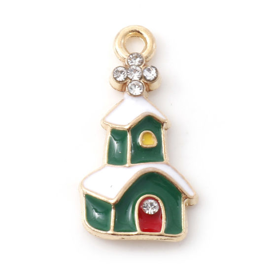 Image de Breloques Noël en Alliage de Zinc Maison Doré Vert à Strass Transparent Émail 22mm x 12mm, 10 Pcs