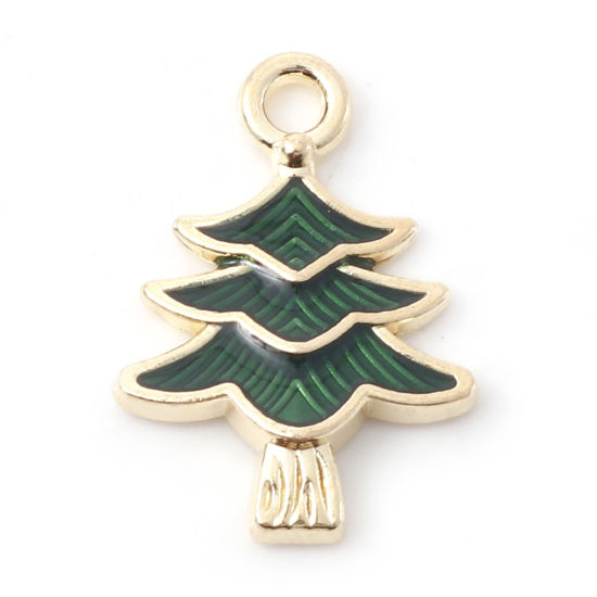 Image de Breloques Noël en Alliage de Zinc Pin de Noël Doré Vert Émail 20mm x 14mm, 10 Pcs