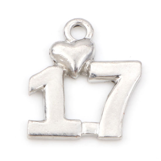 Imagen de Zamak Colgantes Charms Número Tono de Plata Corazón Mensaje " 17 " 18mm x 16mm, 20 Unidades