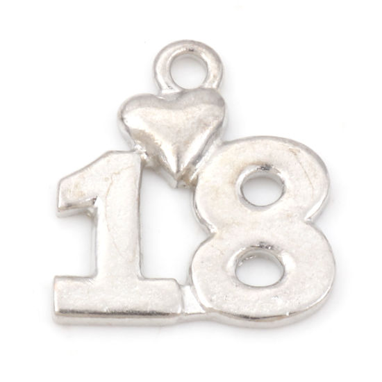 Imagen de Zamak Colgantes Charms Número Tono de Plata Corazón Mensaje " 18 " 18mm x 17mm, 20 Unidades