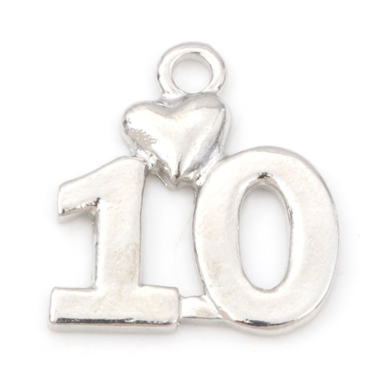 Imagen de Zamak Colgantes Charms Número Tono de Plata Corazón Mensaje " 10 " 18mm x 17mm, 20 Unidades