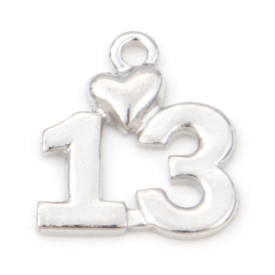Imagen de Zamak Colgantes Charms Número Tono de Plata Corazón Mensaje " 13 " 18.5mm x 17mm, 20 Unidades
