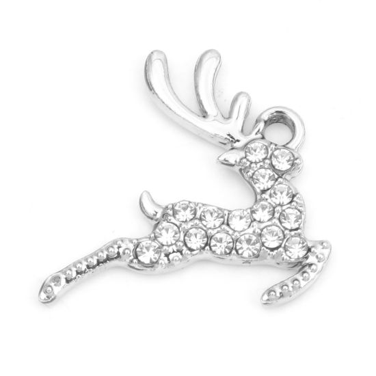 Immagine di Lega di Zinco Micro Intarsio Charms Renna di Natale Tono Argento Trasparente Strass 21mm x 20mm , 10 Pz