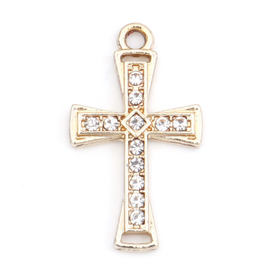 Immagine di Lega di Zinco Micro Intarsio Charms Croce Oro Placcato Trasparente Strass 26mm x 15mm , 10 Pz
