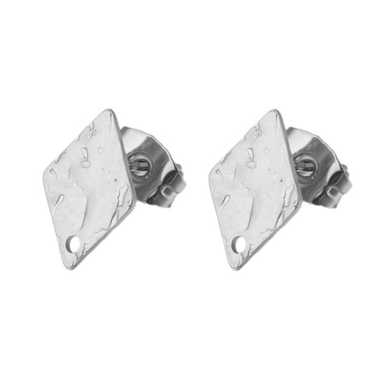Picture of 304 Stainless Steel Ear Post Stud Earrings Rhombus Silver Tone Embossing With Loop 12mm Dia., Post/ Wire Size: (21 gauge), 5 PCs