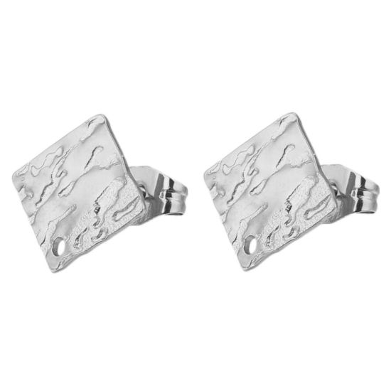 Picture of 304 Stainless Steel Ear Post Stud Earrings Square Silver Tone Embossing With Loop 12mm Dia., Post/ Wire Size: (21 gauge), 5 PCs