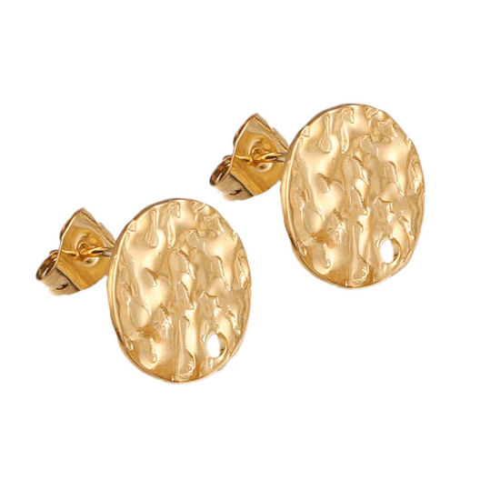 Picture of 5 PCs 304 Stainless Steel Ear Post Stud Earrings Round 18K Gold Plated Embossing With Loop 10mm Dia., Post/ Wire Size: (21 gauge)