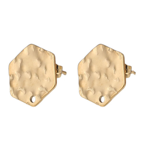 Picture of 5 PCs 304 Stainless Steel Ear Post Stud Earrings Hexagon 18K Gold Plated Embossing With Loop 12mm Dia., Post/ Wire Size: (21 gauge)
