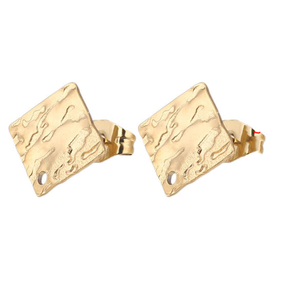 Picture of 5 PCs 304 Stainless Steel Ear Post Stud Earrings Square 18K Gold Plated Embossing With Loop 12mm Dia., Post/ Wire Size: (21 gauge)