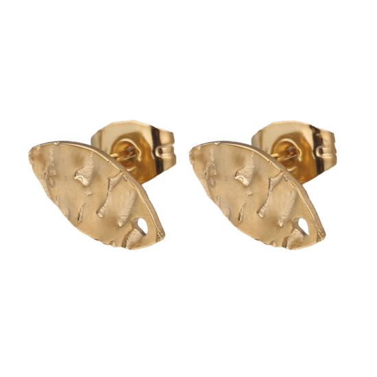 Picture of 5 PCs 304 Stainless Steel Ear Post Stud Earrings Oval 18K Gold Plated Embossing With Loop 12mm Dia., Post/ Wire Size: (21 gauge)