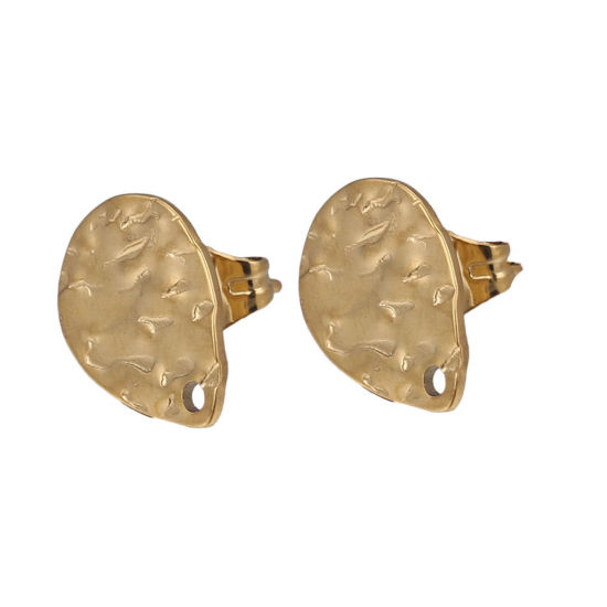 Picture of 5 PCs 304 Stainless Steel Ear Post Stud Earrings Drop 18K Gold Plated Embossing With Loop 12mm Dia., Post/ Wire Size: (21 gauge)