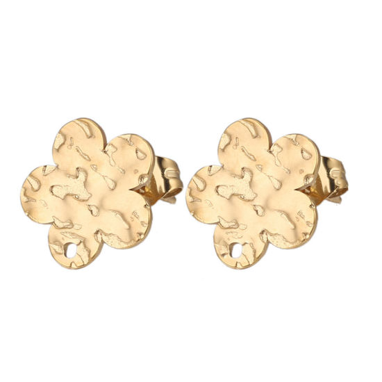 Picture of 5 PCs 304 Stainless Steel Ear Post Stud Earrings Flower 18K Gold Plated Embossing With Loop 12mm Dia., Post/ Wire Size: (21 gauge)