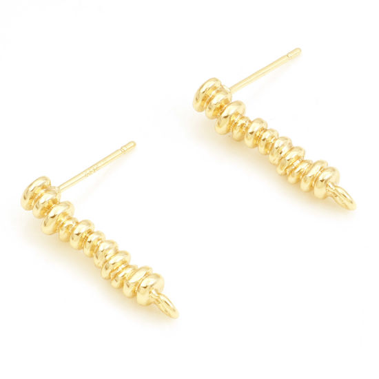 Picture of 2 PCs Brass Ear Post Stud Earrings 18K Real Gold Plated Strip Spiral With Loop 21.3mm x 3.9mm, Post/ Wire Size: 0.7mm(21 gauge)