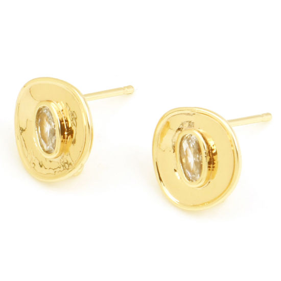Picture of 2 PCs Brass Ear Post Stud Earrings 18K Real Gold Plated Round Clear Cubic Zirconia With Loop 14mm x 11mm, Post/ Wire Size: 0.7mm(21 gauge)