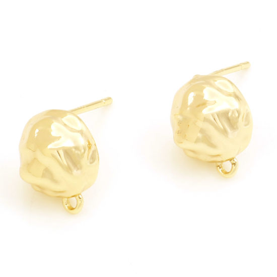 Picture of 2 PCs Brass Hammered Ear Post Stud Earrings 18K Real Gold Plated Round With Loop 17mm x 9.4mm, Post/ Wire Size: 0.7mm(21 gauge)