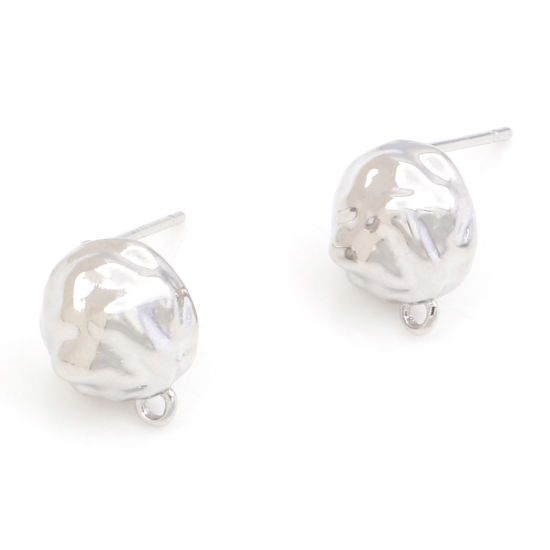 Picture of 2 PCs Brass Hammered Ear Post Stud Earrings Real Platinum Plated Round With Loop 17mm x 9.4mm, Post/ Wire Size: 0.7mm(21 gauge)