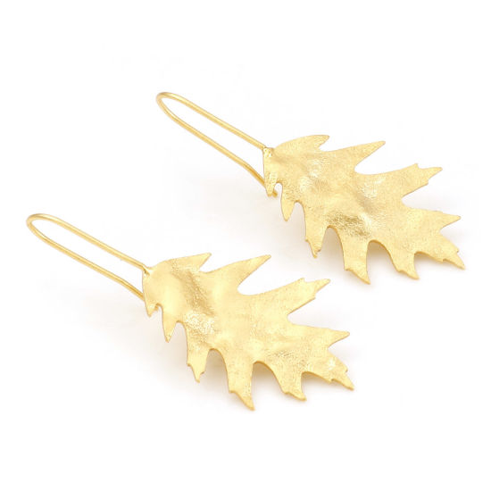 Image de Boucles d'Oreilles Corchets Collection Végétale en Laiton Plaqué Or Véritable Feuille 42mm x 18mm, Taille de Poste/Fil: (21 gauge), 2 Pcs
