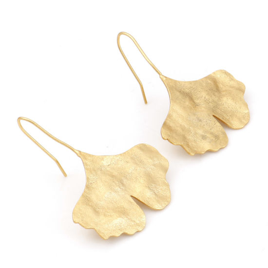 Image de Boucles d'Oreilles Corchets Collection Végétale en Laiton Plaqué Or Véritable Feuille de Ginkgo 39mm x 19mm, Taille de Poste/Fil: (21 gauge), 2 Pcs