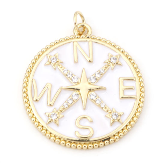 Image de Pendentifs Voyage en Laiton Rond Plaqué Or Véritable 18K Blanc Boussole Émail à Zircone Cubique Clair 3.1cm x 2.5cm, 1 Pièce