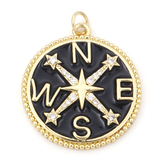 Image de Pendentifs Voyage en Laiton Rond Plaqué Or Véritable 18K Noir Boussole Émail à Zircone Cubique Clair 3.1cm x 2.5cm, 1 Pièce