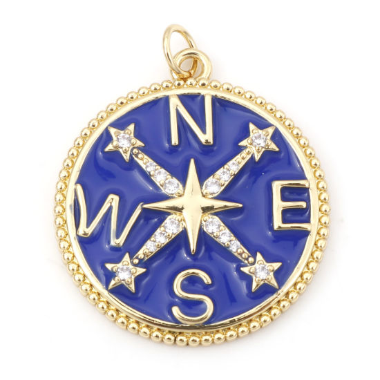 Image de Pendentifs Voyage en Laiton Rond Plaqué Or Véritable 18K Bleu Boussole Émail à Zircone Cubique Clair 3.1cm x 2.5cm, 1 Pièce