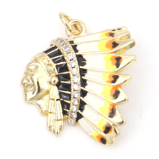 Image de Breloques Micro Pave en Laiton Chef Indien Plaqué Or Véritable 18K Multicolore Émail à Zircone Cubique Clair 27mm x 20.5mm, 1 Pièce