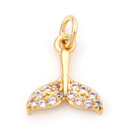 Image de Breloques Bijoux d'Océan en Laiton Queue de Poisson Plaqué Or Véritable 18K Micro Pave à Zircone Cubique Clair 13mm x 9mm, 1 Pièce