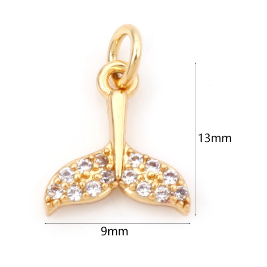 Image de Breloques Bijoux d'Océan en Laiton Queue de Poisson Plaqué Or Véritable 18K Micro Pave à Zircone Cubique Clair 13mm x 9mm, 1 Pièce
