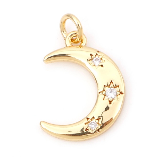 Picture of Brass Galaxy Charms 18K Real Gold Plated Half Moon Clear Cubic Zirconia 16.5mm x 10mm, 1 Piece