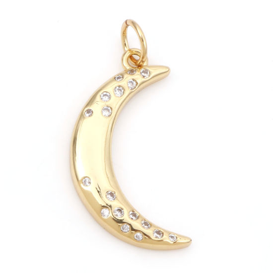 Picture of Brass Galaxy Charms 18K Real Gold Plated Half Moon Clear Cubic Zirconia 25mm x 12mm, 1 Piece