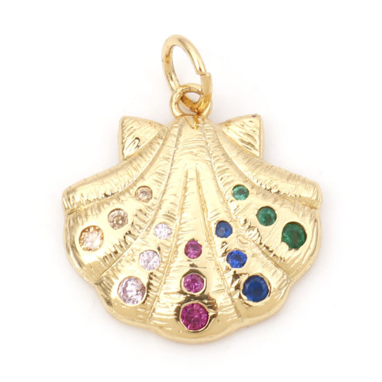 Image de Breloques Bijoux d'Océan en Laiton Coquille Plaqué Or Véritable 18K Micro Pave à Zircone Cubique Multicolore 20mm x 16mm, 1 Pièce