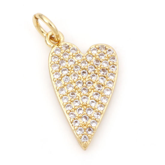 Picture of Brass Valentine's Day Charms 18K Real Gold Plated Heart Micro Pave Clear Cubic Zirconia 21.5mm x 10mm, 1 Piece