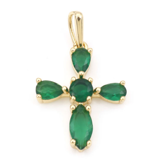 Image de Pendentifs Religieux en Laiton Croix Plaqué Or Véritable 18K à Zircone Cubique Vert 3.2cm x 1.9cm, 1 Pièce